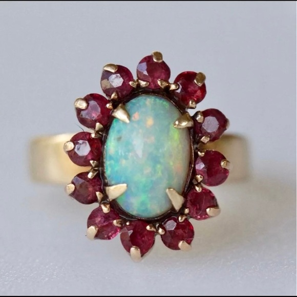 18k solid yellow gold Art Deco era opal ruby ring - Picture 3 of 11